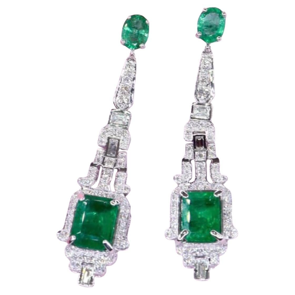 AIG Certified 11.50 Carat Zambian Emeralds 2.30 Ct Diamonds 18k Gold Earrings