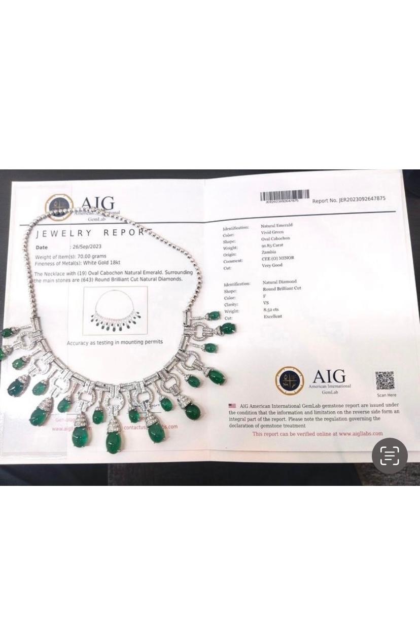 AIG  Certified 118.61 Ct Zambian Emeralds   10.48 Ct Diamonds 18k Gold Necklace  For Sale 10