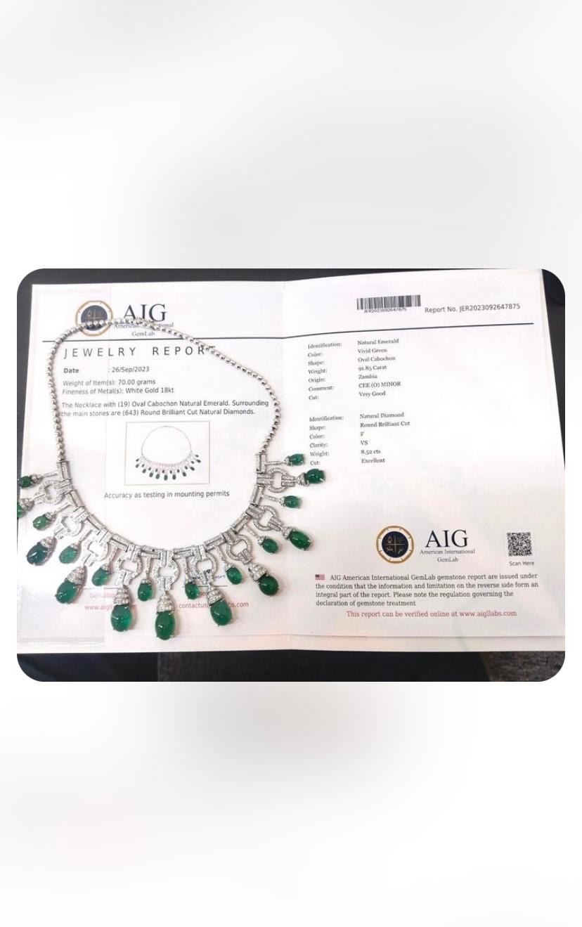 AIG Certified 118.61 Ct Zambian Emeralds  10.48 Ct  Diamonds 18k Gold Necklace  For Sale 8
