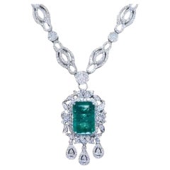 AIG Certified 12.00 Carat Zambian Emerald 3.30 Ct Diamonds 18k Gold Pendant