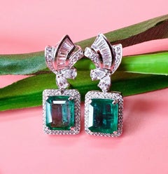 AIG Certified 12.00 Carats Zambian Emeralds 2.60 Ct Diamonds 18k Gold Earrings