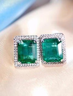 Contemporary 18k Gold Emerald & Diamond Earrings, 12ct Zambian