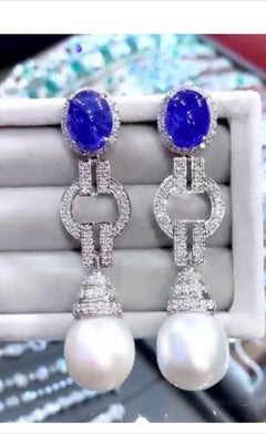 AIG Certified 12.00 Ct Tanzanites  South Sea Pearl Diamond 18K Gold Earrings