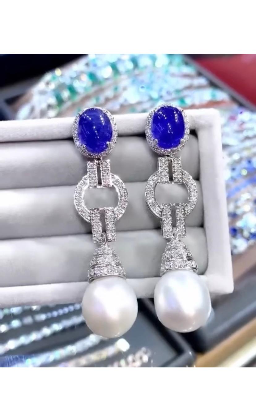 Mixed Cut AIG Certified 12.00 Ct Tanzanites  South Sea Pearl Diamond 18K Gold Earrings  For Sale