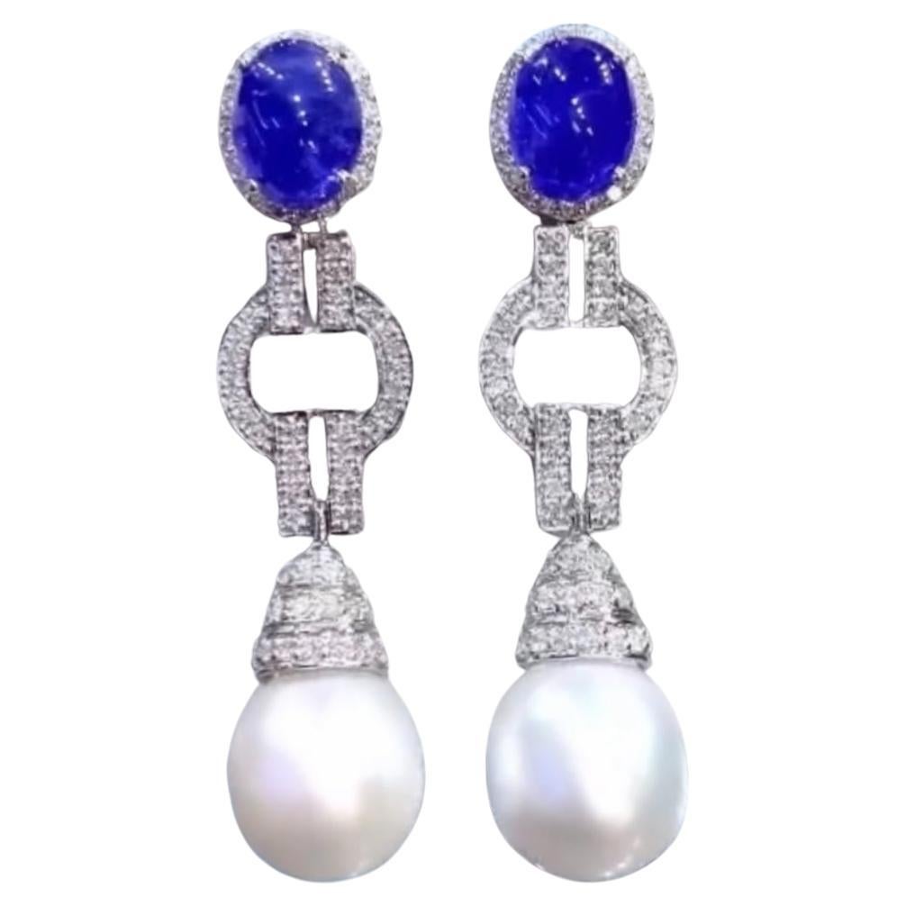 AIG Certified 12.00 Ct Tanzanites  South Sea Pearl Diamond 18K Gold Earrings  For Sale
