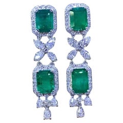 AIG Certified  12.00 Ct Zambian Emeralds  3.00 Ct Diamonds 18K Gold Earrings