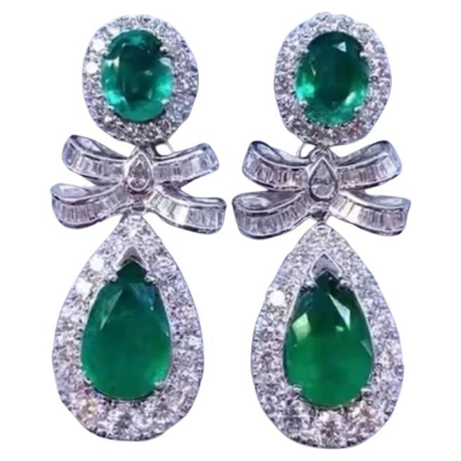 AIG Certified 12.00 Cts Zambian Emeralds 5.50 Ct Diamonds 18k Gold Earrings 