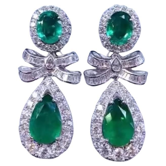 AIG Certified 12.00 Cts Zambian Emeralds 5.50 Ct Diamonds 18k Gold Earrings