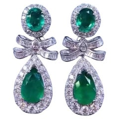 AIG Certified 12.00 Cts Zambian Emeralds 5.50 Ct Diamonds 18k Gold Earrings 