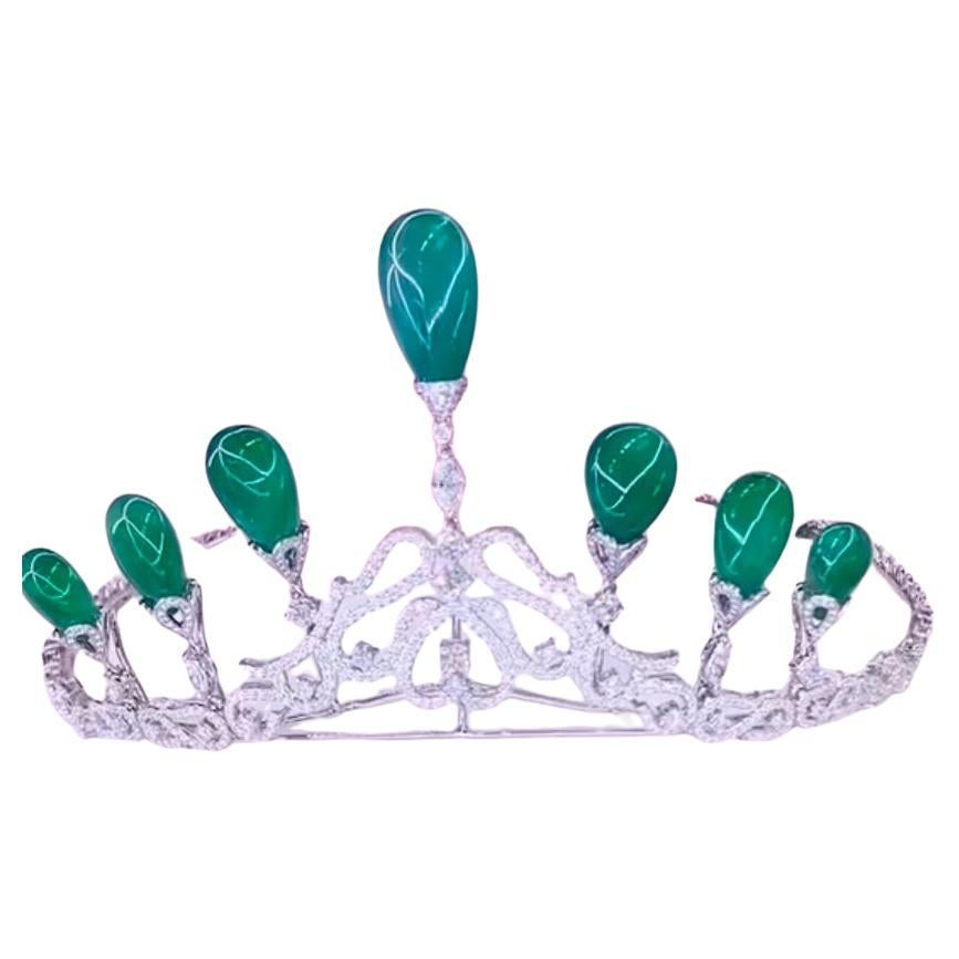 AIG Certified 120.00 Carat Zambian Emerald 12.80 Carat Diamonds 18K Gold Tiara