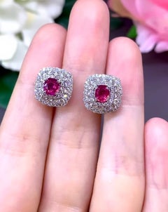 AIG Certified 1.22 Siamese Rubies 1.15 Ct Diamonds 18K Gold Earrings