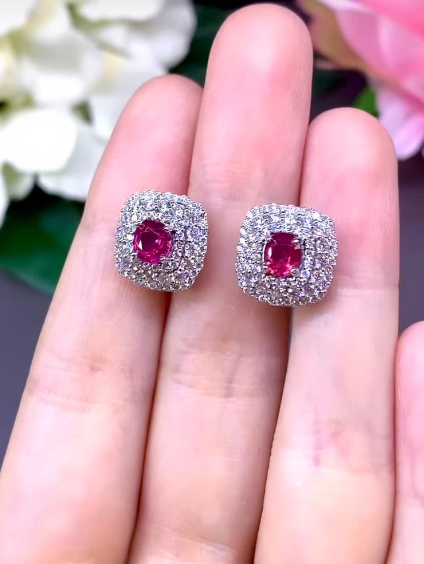 Oval Cut AIG Certified 1.22 Siamese Rubies 1.15 Ct Diamonds 18K Gold Earrings For Sale