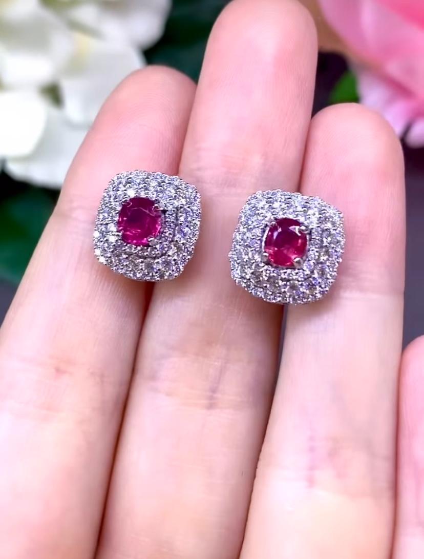 AIG Certified 1.22 Siamese Rubies 1.15 Ct Diamonds 18K Gold Earrings In New Condition For Sale In Massafra, IT