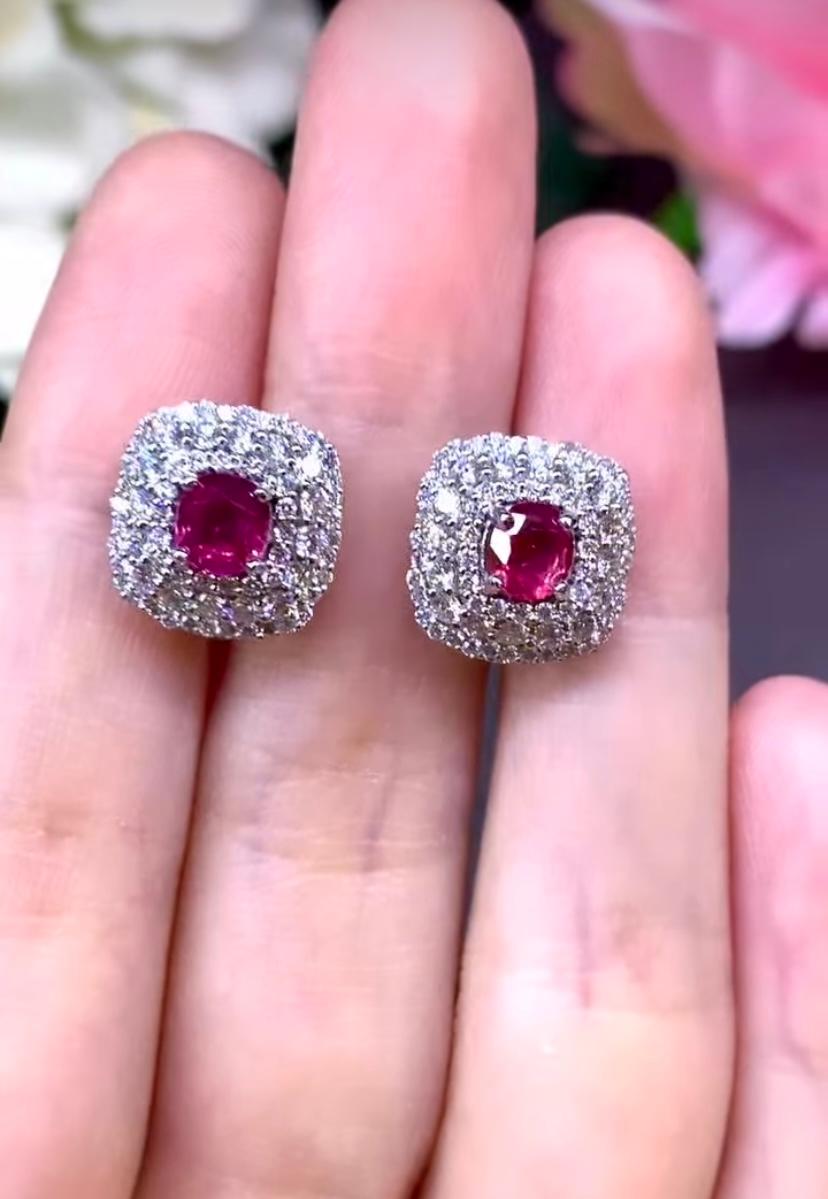 Women's or Men's AIG Certified 1.22 Siamese Rubies 1.15 Ct Diamonds 18K Gold Earrings For Sale