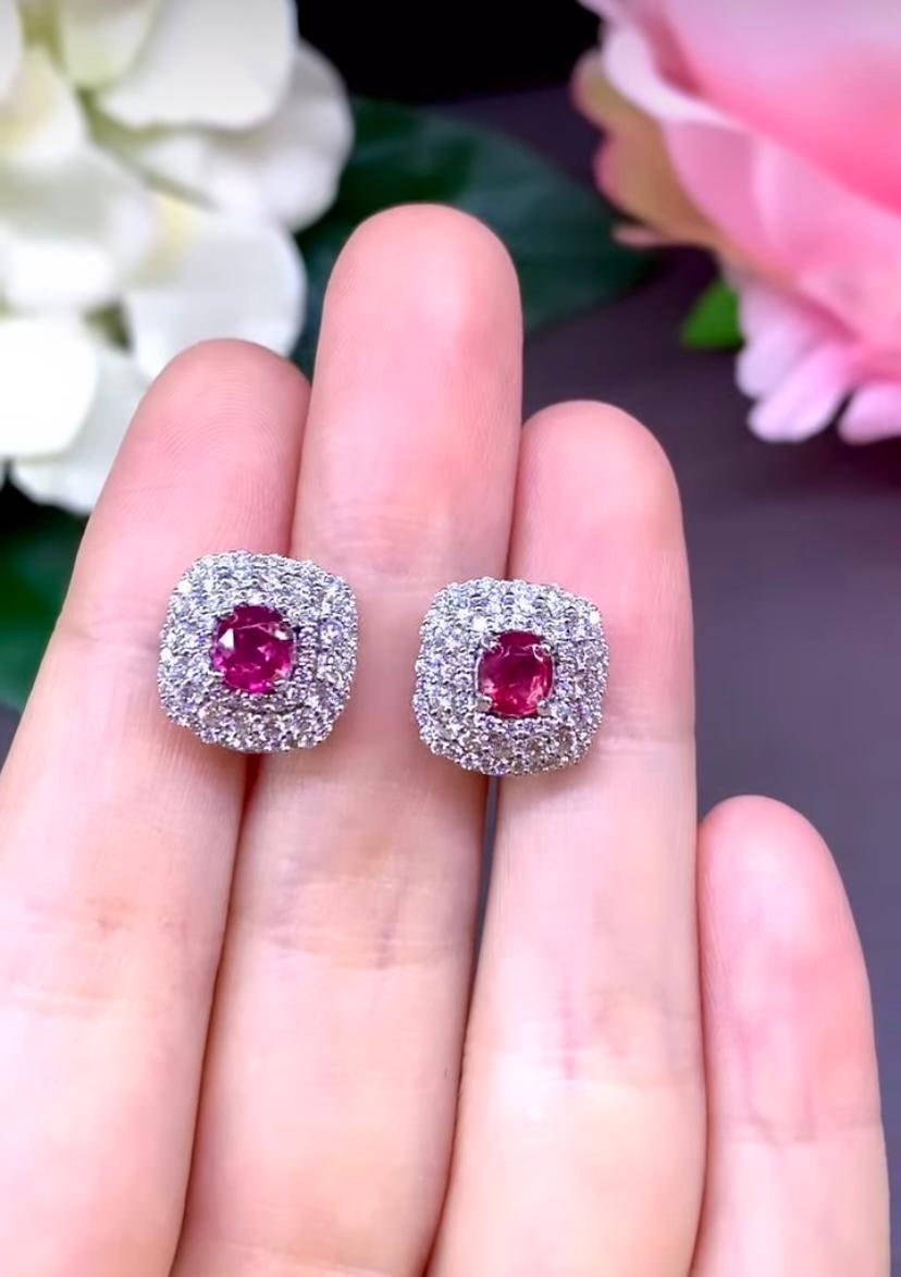 AIG Certified 1.22 Siamese Rubies 1.15 Ct Diamonds 18K Gold Earrings For Sale 1