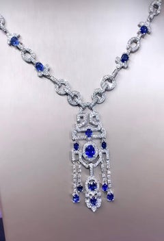 Art Deco Design 14K Gold Necklace with Ceylon Sapphires and Diamonds