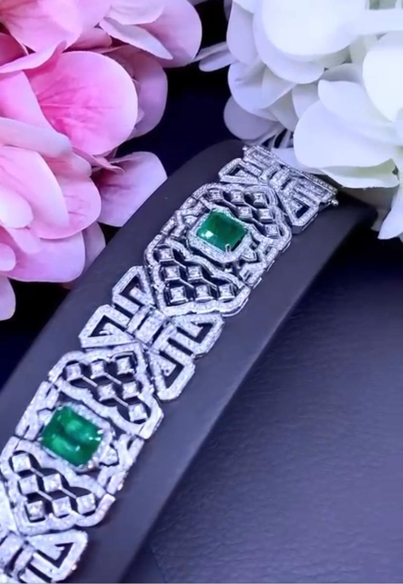 Emerald Cut AIG Certified 12.79 Carats Zambian Emeralds  5.16 Ct Diamonds 18K Gold Bracelet  For Sale