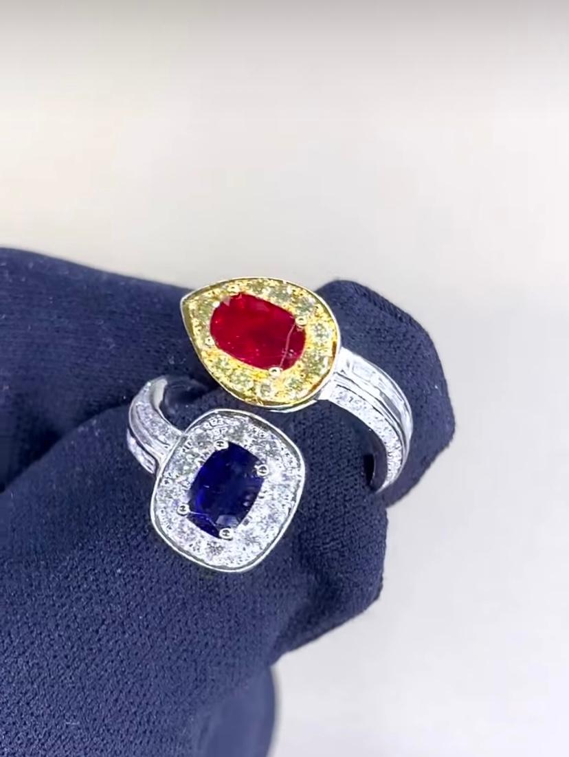 An exquisite double ring with Ruby , Sapphire and Diamonds , in refined and elegant design .
Crafted with particular attention on details , this ring is a testament of sophistication and charm.
Stunning ring come in 18k gold with a lustrous No