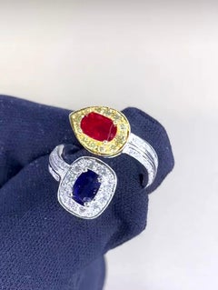 AIG-zertifizierte 1.30 Karat Diamanten 1,25 Karat unbehandelter Rubin 1,15 Karat Saphir Ring