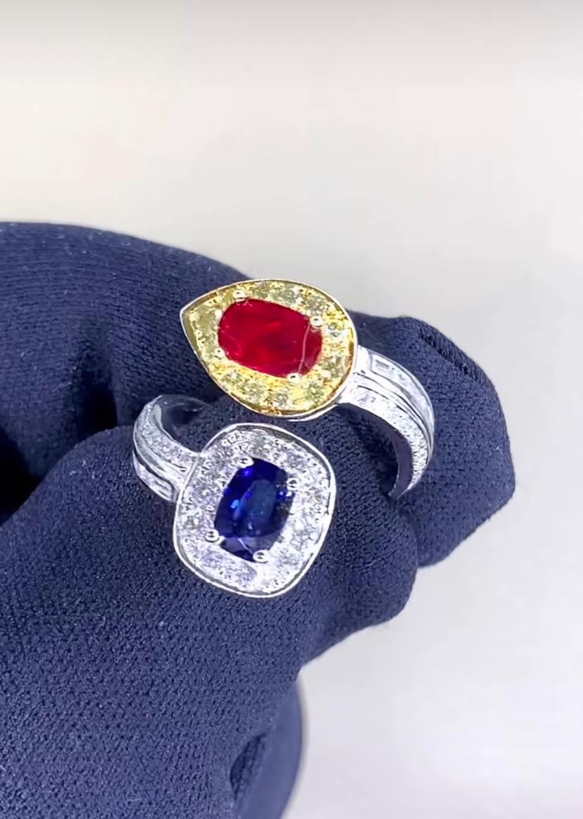 AIG Certified 1.30 Ct Diamonds  1.25 Ct No heated Ruby 1.15 Ct Sapphire Ring For Sale 1
