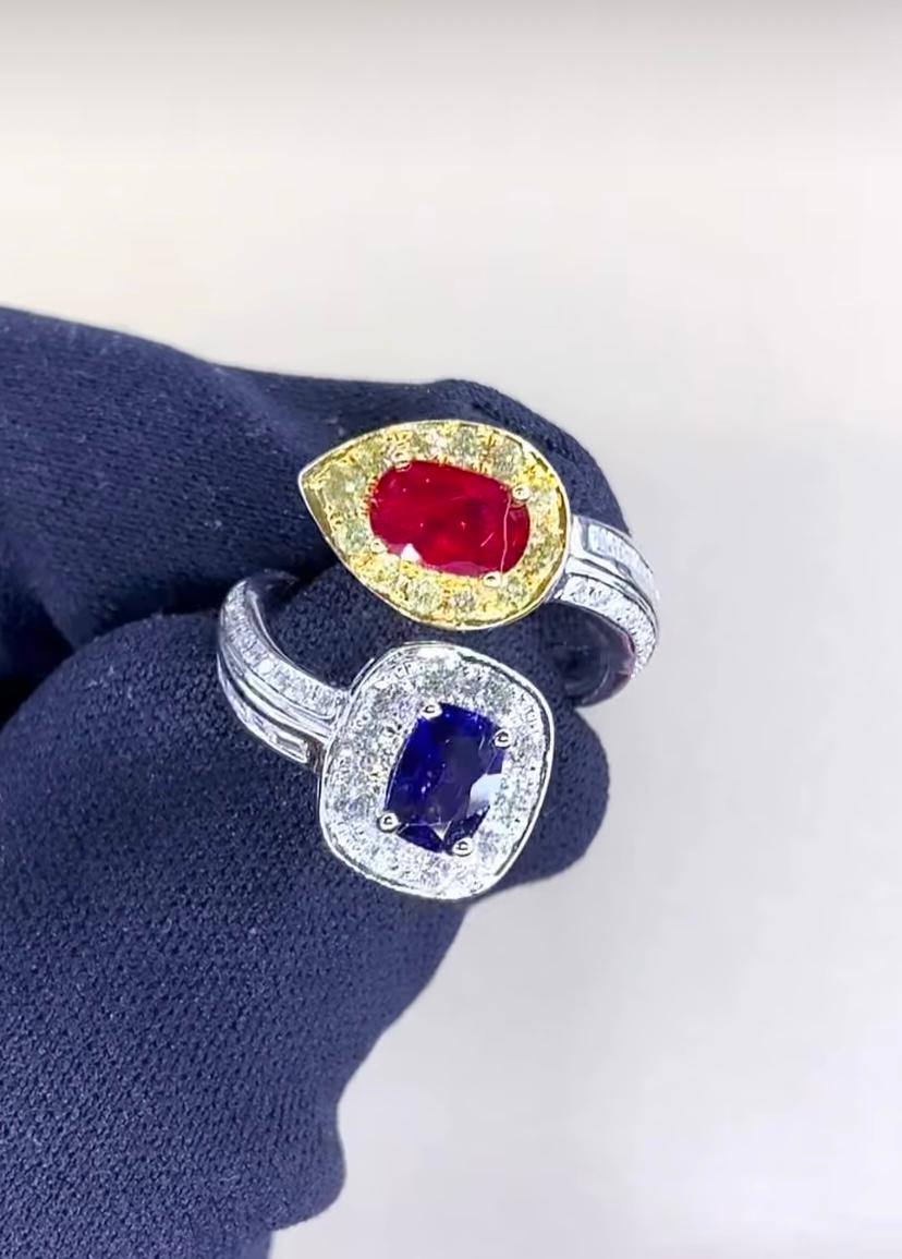 AIG Certified 1.30 Ct Diamonds  1.25 Ct No heated Ruby 1.15 Ct Sapphire Ring For Sale 2