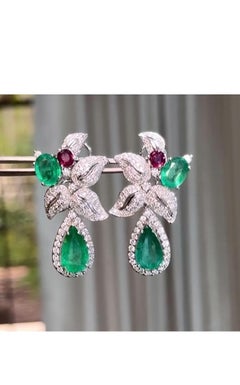 AIG Certified 13.00 Ct Zambian Emeralds 3.40 Ct Diamonds 1.90 Ct Rubies Earrings