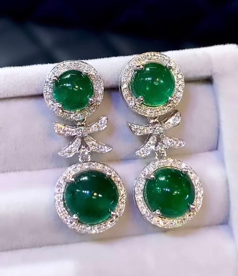Cabochon AIG Certified 13.18 Carats Zambian Emeralds Diamonds 18K Gold Earrings  For Sale