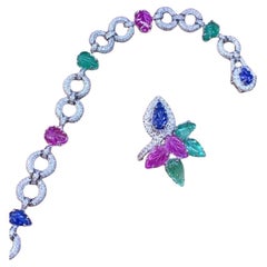 AIG Certified 13.30 Ct Carving Emeralds Rubies Sapphires Diamonds 3.70 Ct  Set