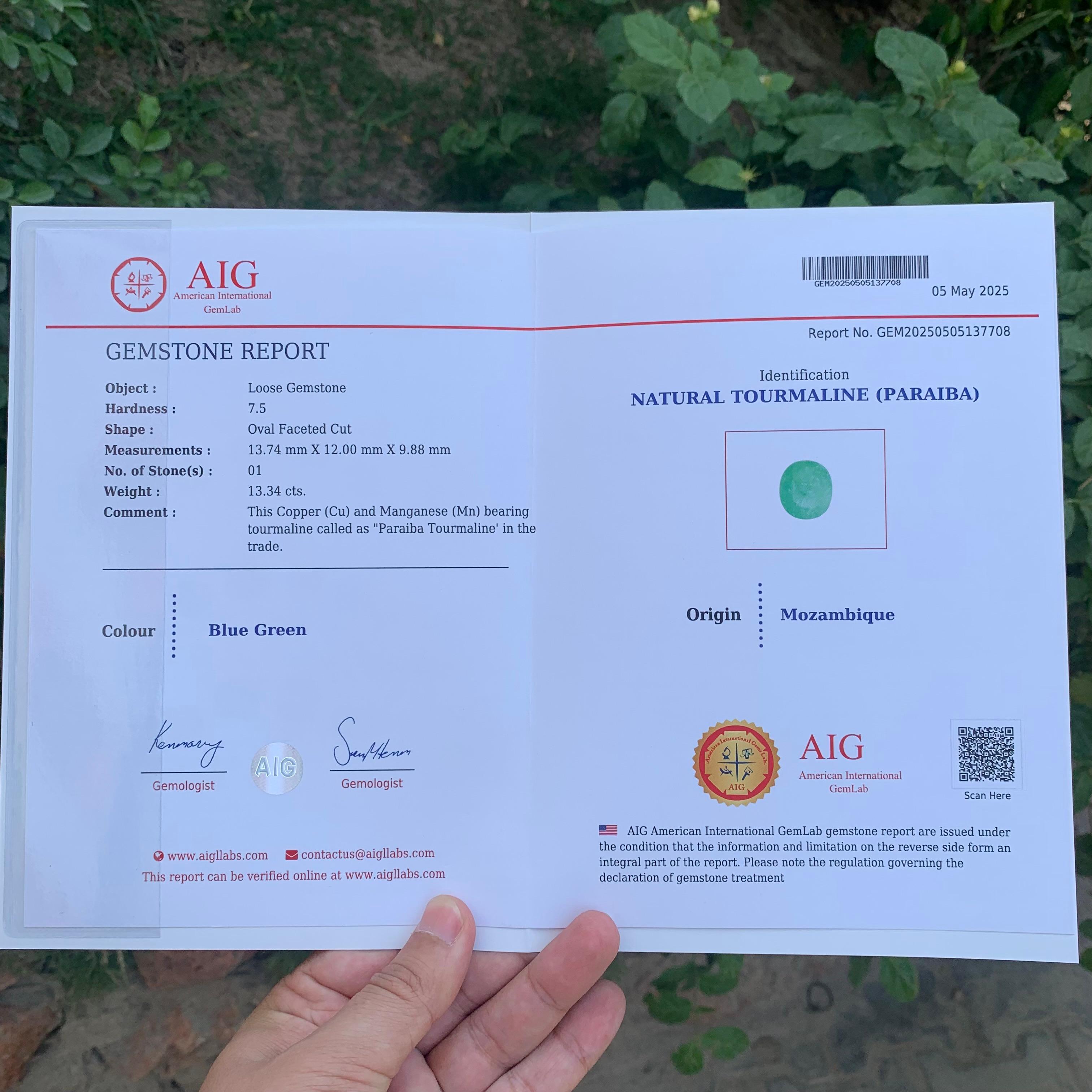 AIG-zertifiziert 13,34 Karat Natürliche Lose Blau Grün Paraiba Turmalin Edelstein im Angebot 5