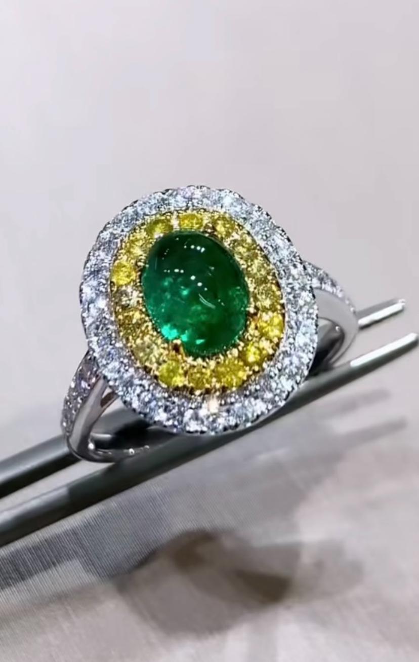 Cabochon AIG Certified 1.43 Carats Zambian Emerald  1.08 Ct Diamonds 18K Gold Ring  For Sale
