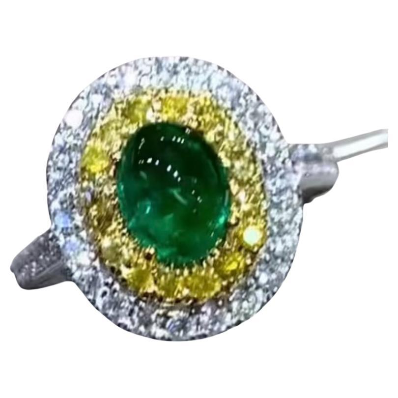 AIG Certified 1.43 Carats Zambian Emerald  1.08 Ct Diamonds 18K Gold Ring  For Sale