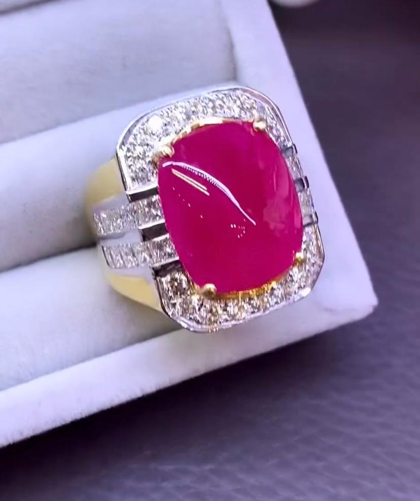 Taille cabochon Rubis de Birmanie certifié AIG 14,70 carats  3.00 Cts Diamants Bague unisexe en or 18k en vente