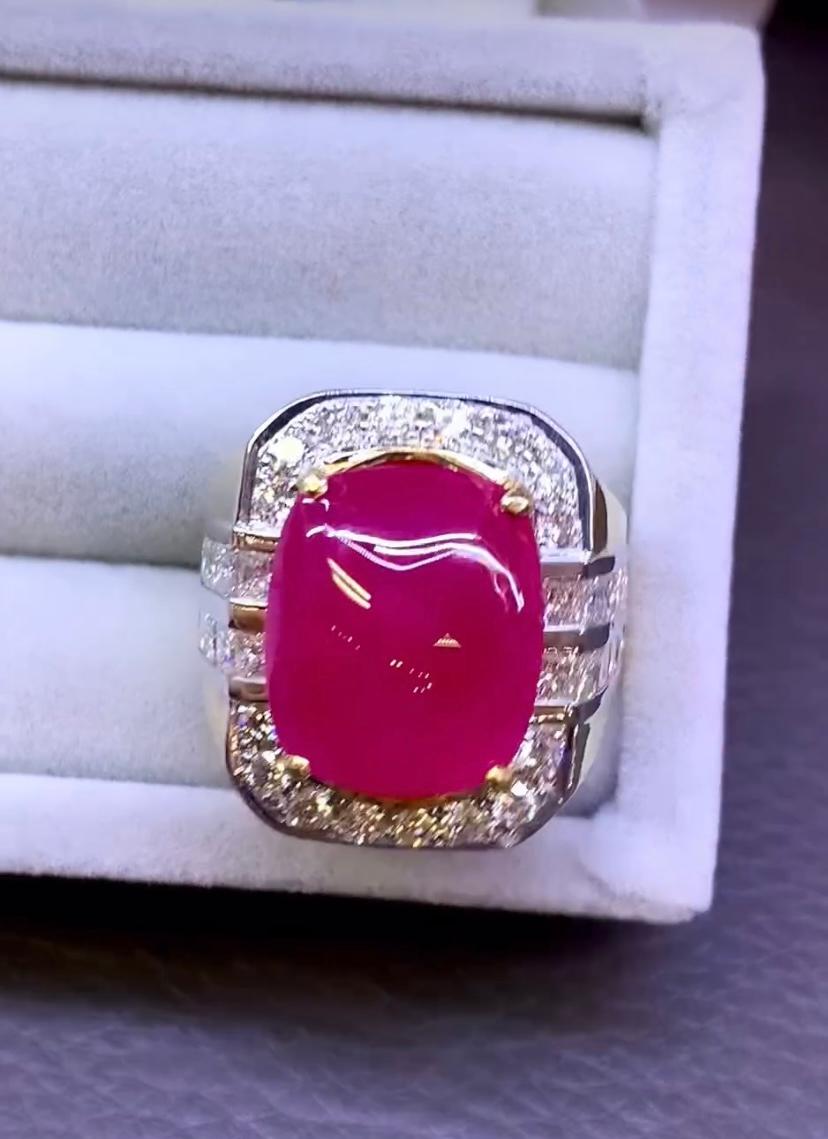 Rubis de Birmanie certifié AIG 14,70 carats  3.00 Cts Diamants Bague unisexe en or 18k en vente 2