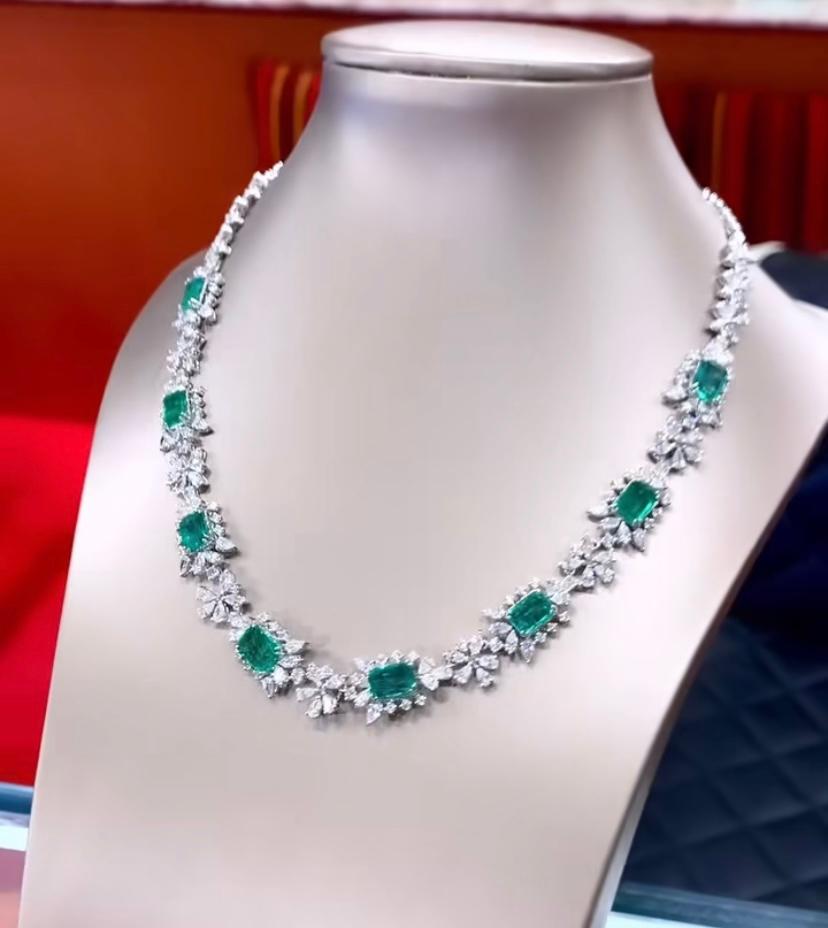 Emerald Cut AIG Certified 14.72 Carat Zambian Emeralds  14.01 Ct Diamonds 18K Gold Necklace  For Sale