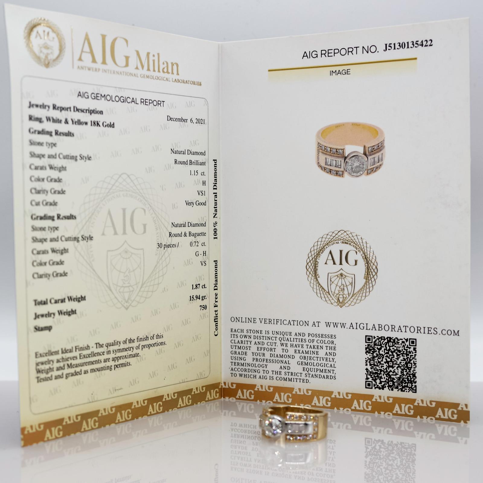 Brilliant Cut AIG Certified 1.50 Carat Diamond in 18 Karat Gold with Diamonds Engagement Ring For Sale