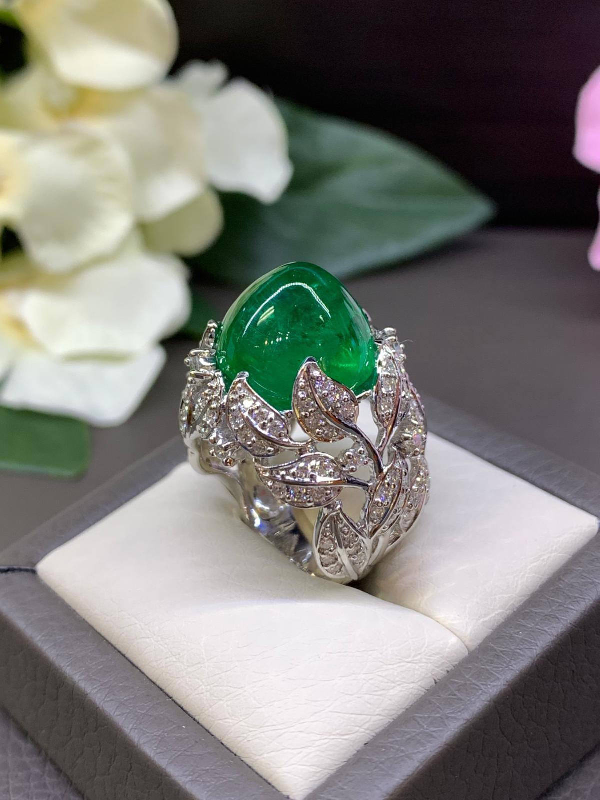 AIG Certified 15.00 Carats Natural Zambian Emeralds  Diamonds 18k Gold Ring For Sale 11