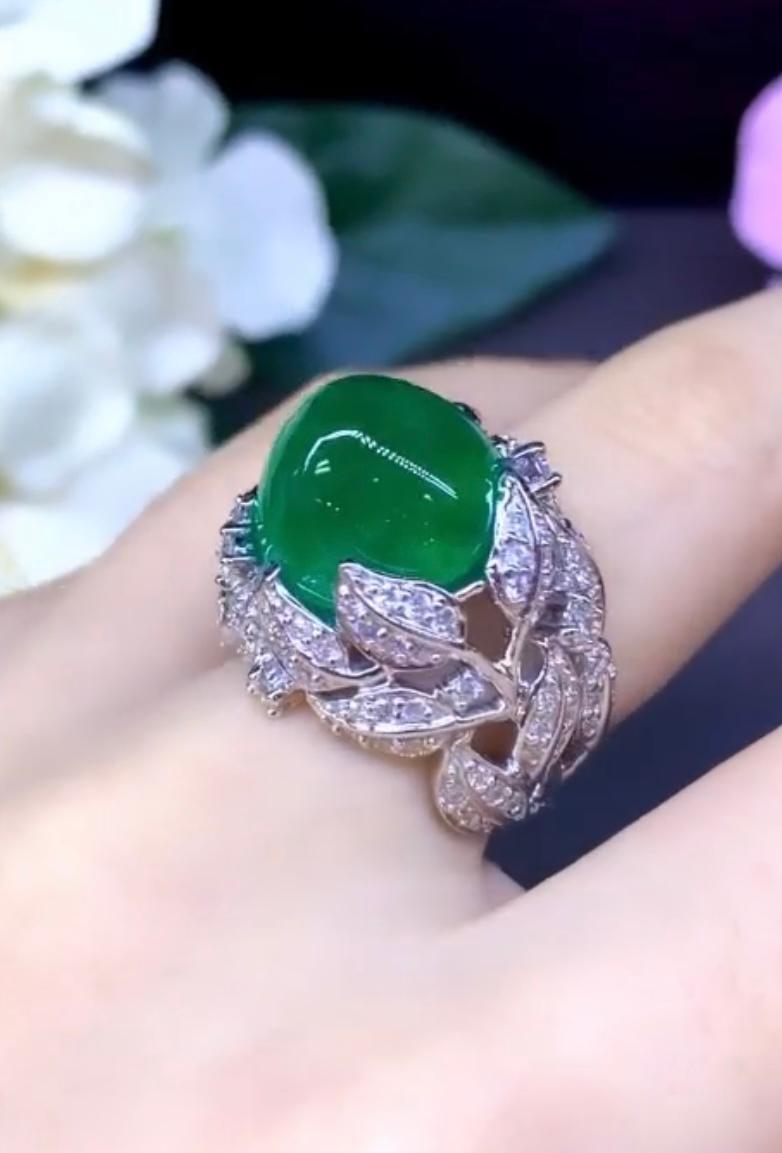 Cabochon AIG Certified 15.00 Carats Natural Zambian Emeralds  Diamonds 18k Gold Ring For Sale