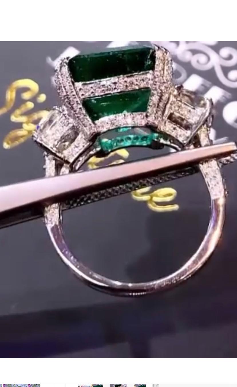 Emerald Cut AIG Certified 15.00 Carats Zambian Emerald GIA certified 2.00 Ct Diamonds Ring  For Sale