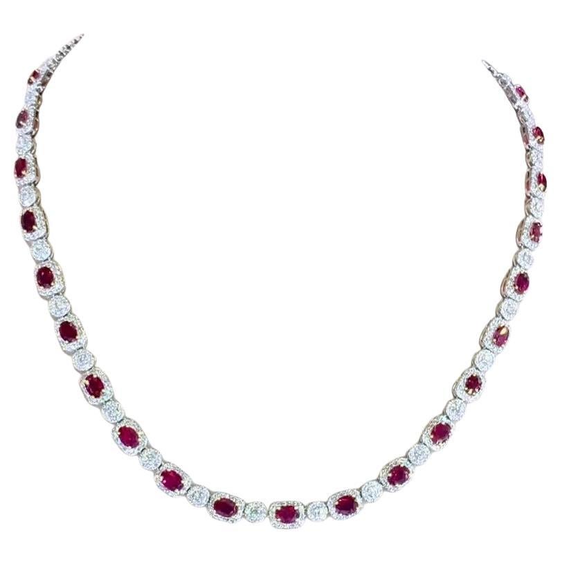 AIG Certified 15.00 Ct Siamese Rubies 5.00 Ct Diamonds 18K Gold Necklace