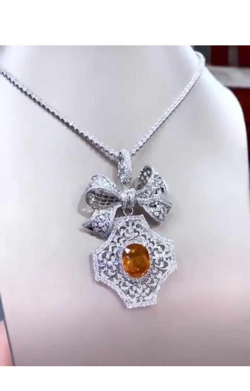 Women's AIG Certified 15.07 Carats Orange Sapphire 3.87 Ct  Diamonds 18K Gold Pendant  For Sale