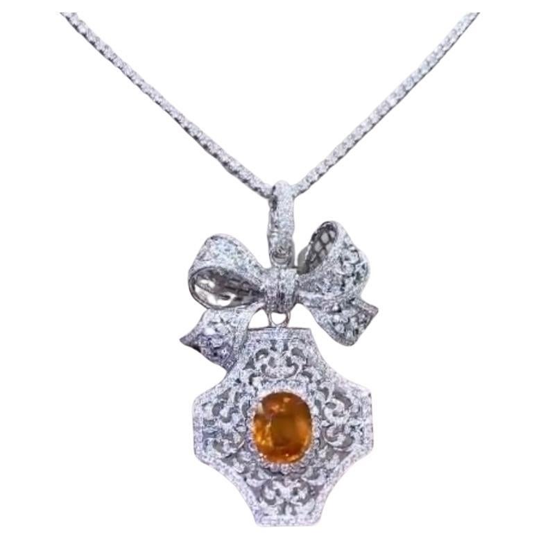 AIG Certified 15.07 Carats Orange Sapphire 3.87 Ct  Diamonds 18K Gold Pendant 