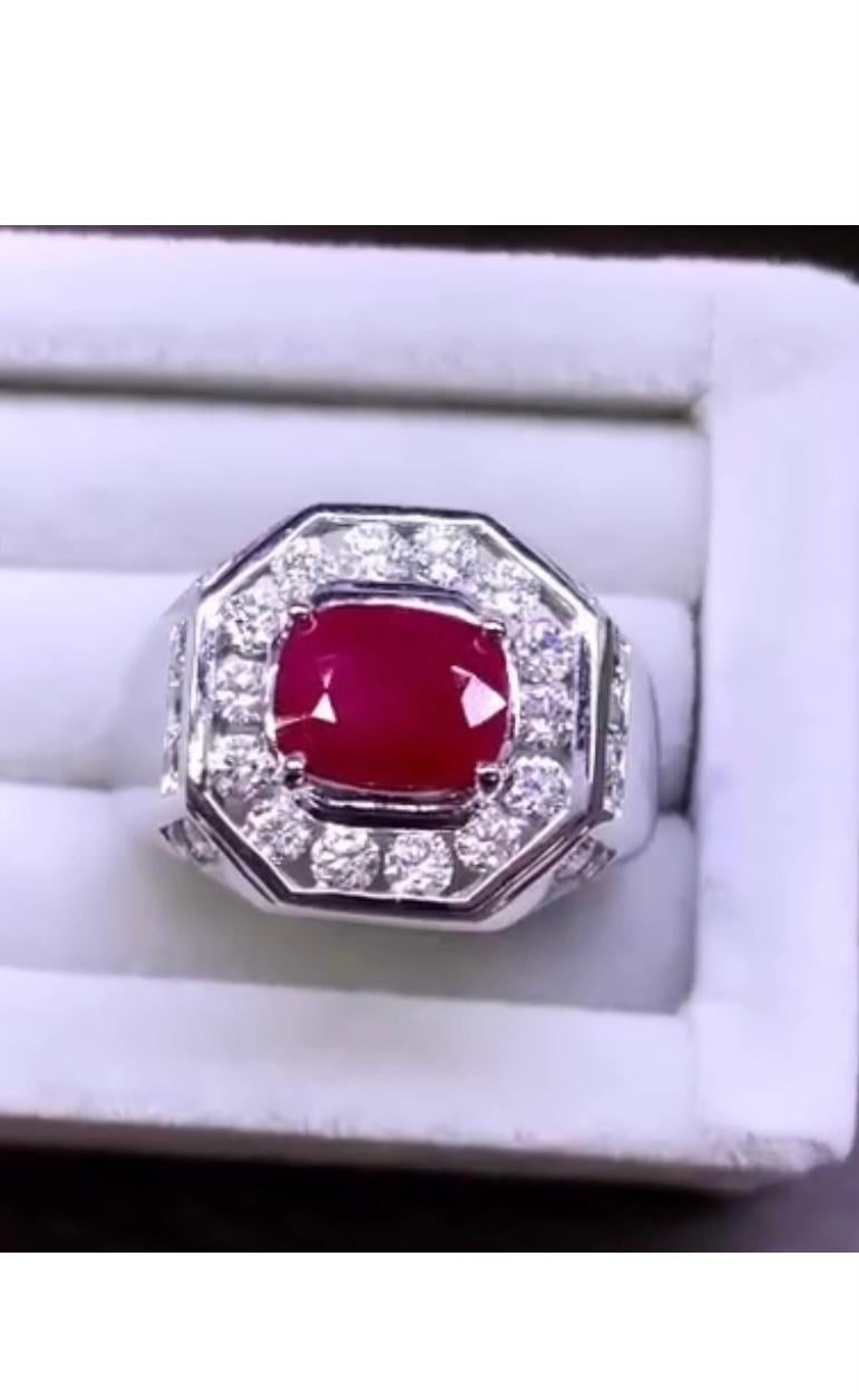 Cushion Cut AIG Certified 1.51 Carat Burmese Ruby  1.52 Ct Diamonds 18k Gold Ring For Sale
