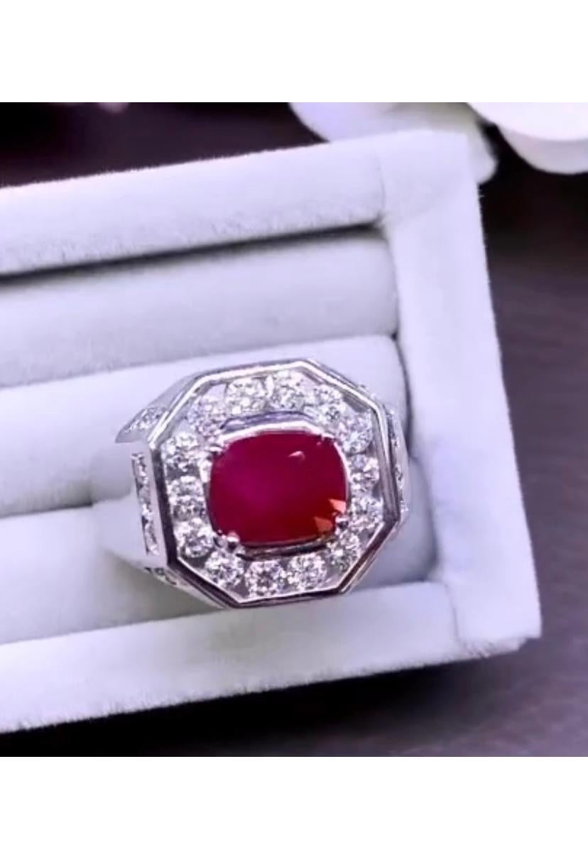 Women's or Men's AIG Certified 1.51 Carat Burmese Ruby  1.52 Ct Diamonds 18k Gold Ring For Sale