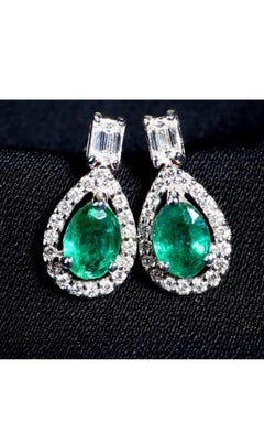 Certified 1.55 Ct Zambian Emeralds Diamonds 18K Gold Earrings