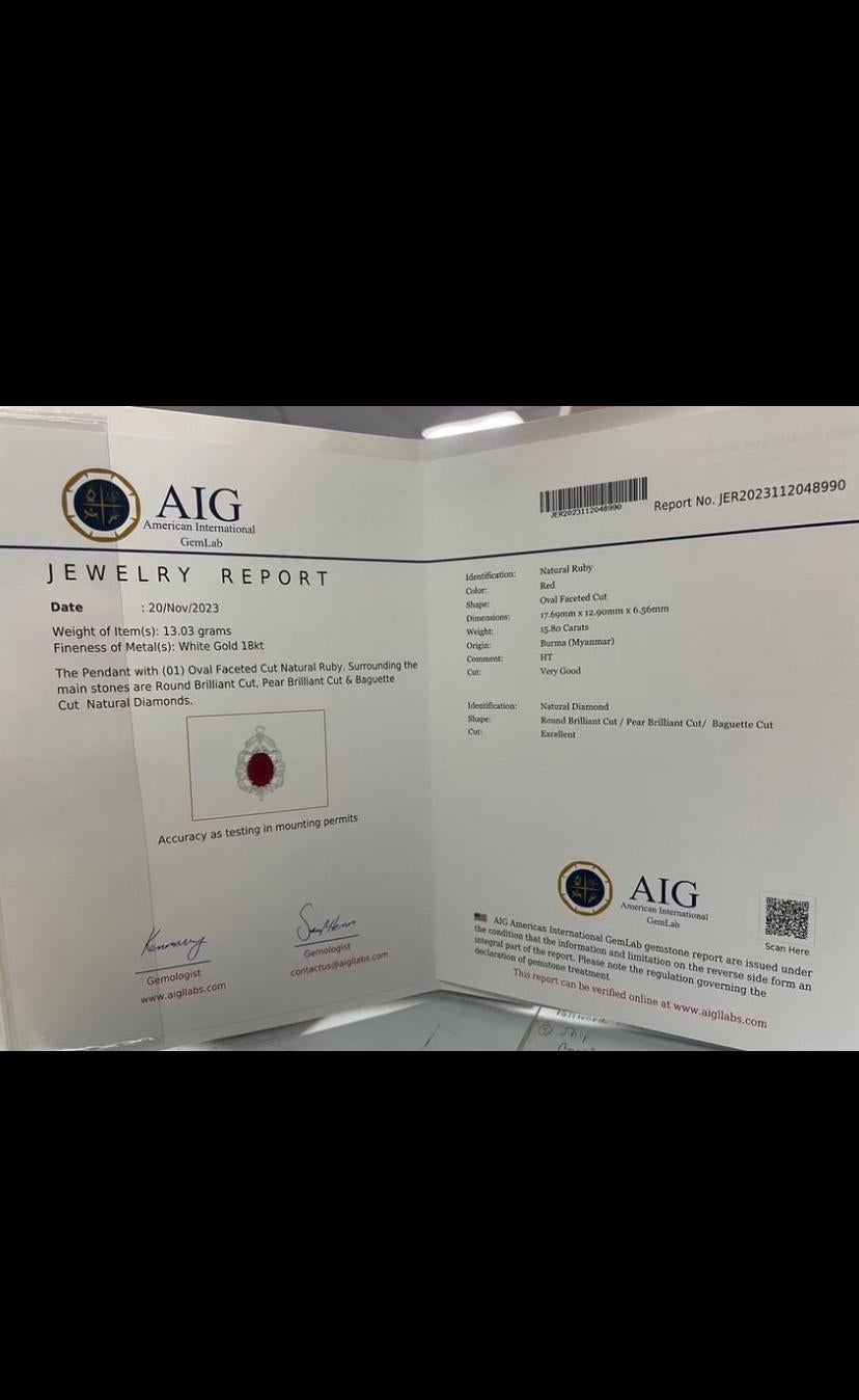 AIG Certified 15.80 Carats Burma Ruby  2.80 Ct Diamonds 18K Gold Pendant  For Sale 3
