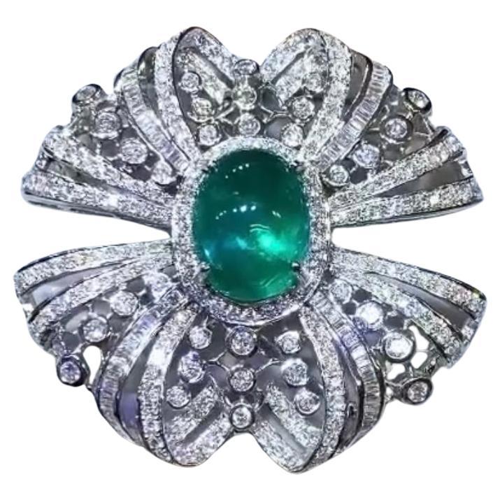 AIG Certified 16.00 Ct Zambian Emerald  7.40 Ct Diamonds 18K Gold Brooch\Pendant For Sale