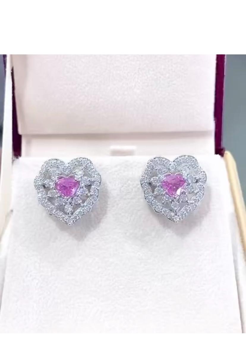Heart Cut AIG Certified 1.66  Ct Ceylon Pink Sapphires 1.30 Ct Diamonds 18K Gold Earrings For Sale
