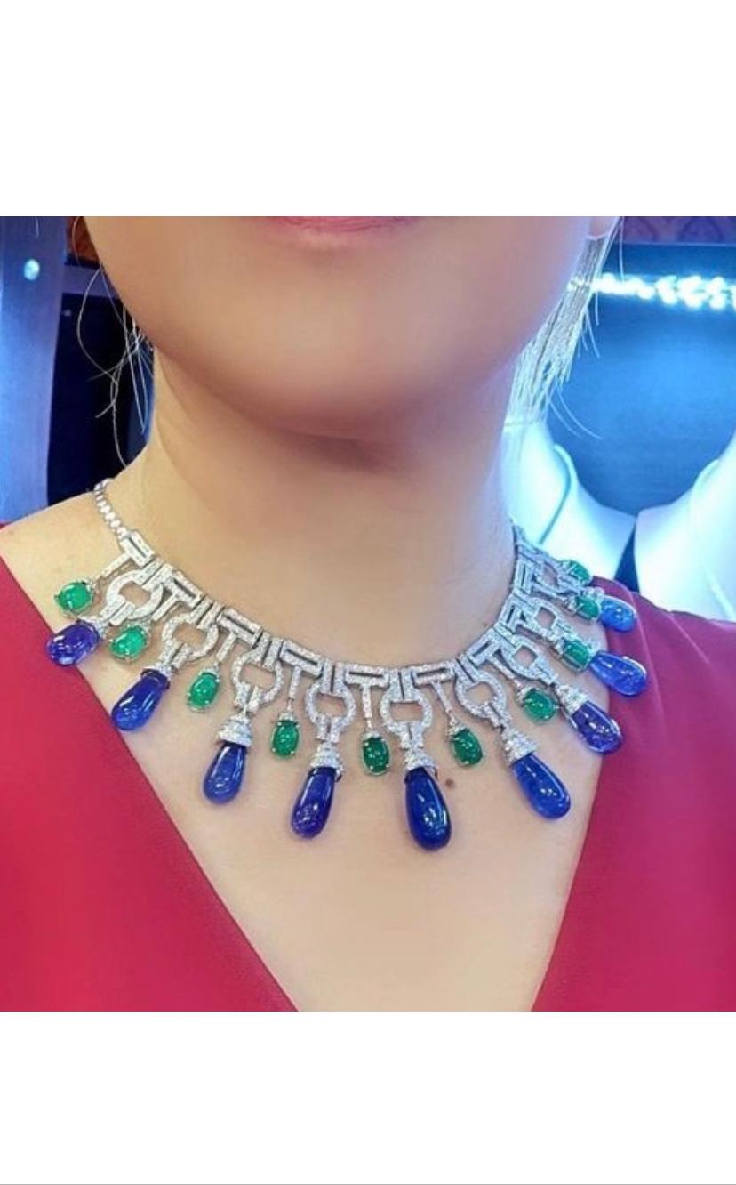 AIG certified 166.42 Ct Tanzanites  Emeralds 19.76 Ct Diamonds 9.48 Ct Necklace  For Sale 4