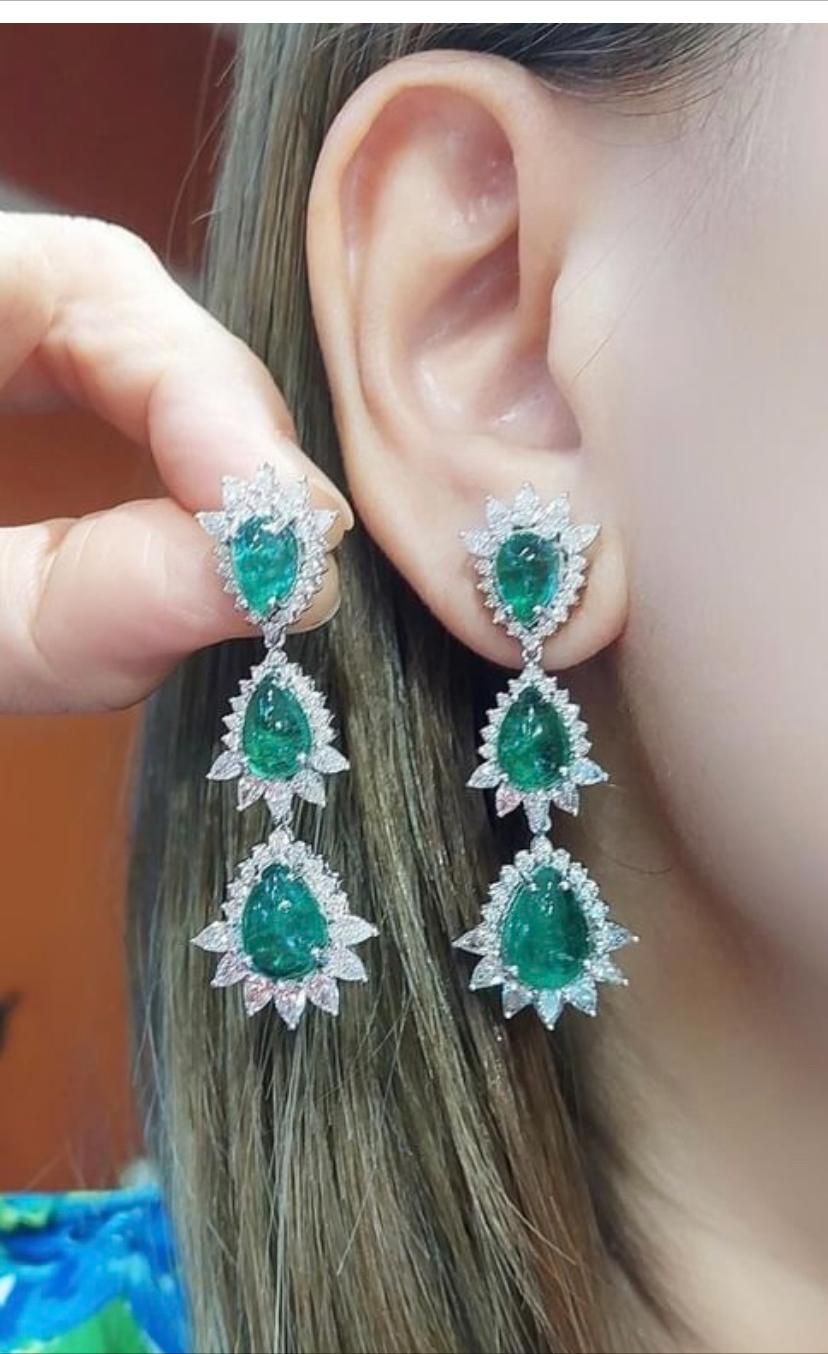 Cabochon AIG Certified 17.50 Carats Zambian Emeralds  6.16 Ct Diamonds 18K Gold Earrings  For Sale