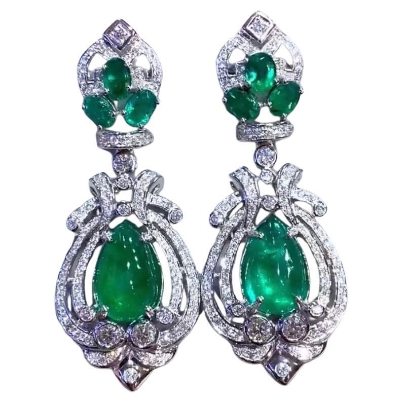 AIG Certified 18.00 Carat Zambian Emeralds  4.50 Ct Diamonds 18k Gold Earrings  For Sale